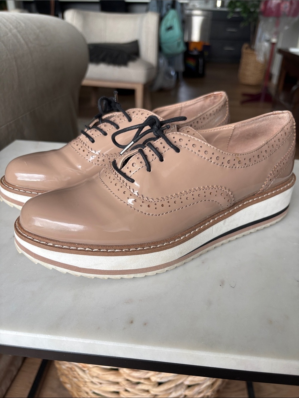 Zara Nude Patent Leather Platform Brogues with Black Laces